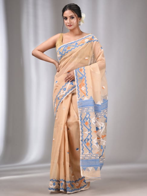 Buy Fascinating Beige Embroidered Cotton Festival Wear Saree - Zeel Clothing