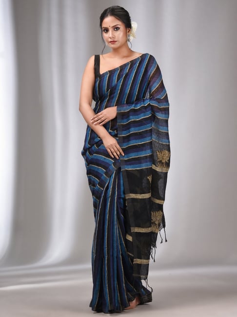 CHARUKRITI Sapphire Blue & Black Woven Saree With Unstitched Blouse