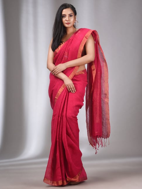 Digital Floral Print Linen Saree In Red|Shop Linen Saree Online|Jhakhas