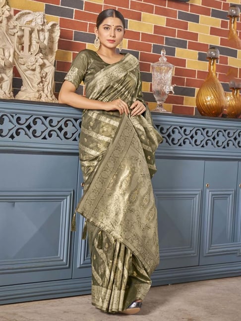 Monjolika Fashion Women's Mehendi Green Simar Silk Zari Woven Saree Unstiiched Blouse Piece-picture-42