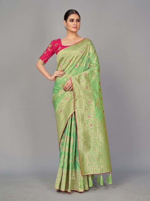 Light Green Pure Katan Silk Banarasi Handloom Saree – Himagauri Sarees