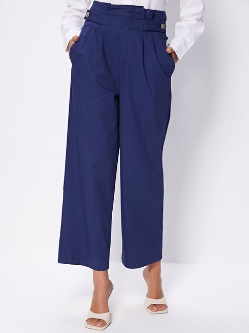 Buy Women Navy Paperbag High Waist Wide Legged Trousers - Trends Online  India - FabAlley