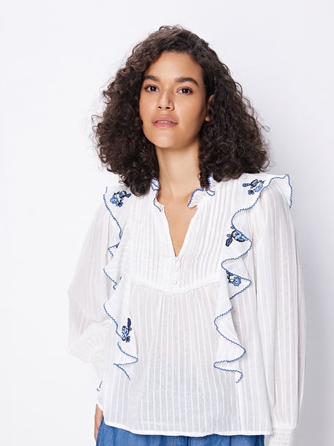 Cover Story White Cotton Embroidered Top