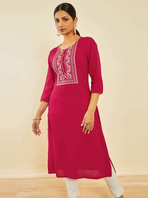 Soch Fuchsia Rayon Zari Embroidered Round-Neck Straight Kurta