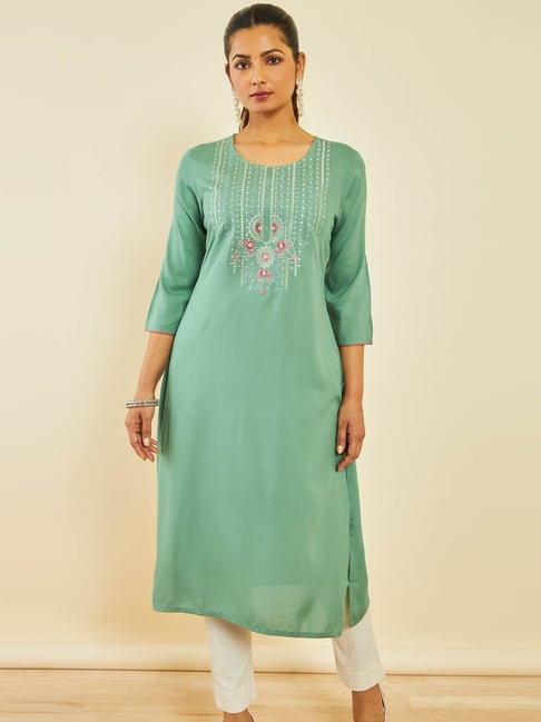 Soch Green Rayon Floral Embroidered Round-Neck Straight Kurta-picture-21