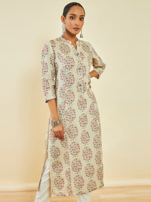 Soch Beige Linen Botanical Print Straight Kurta with Pocket-picture-30
