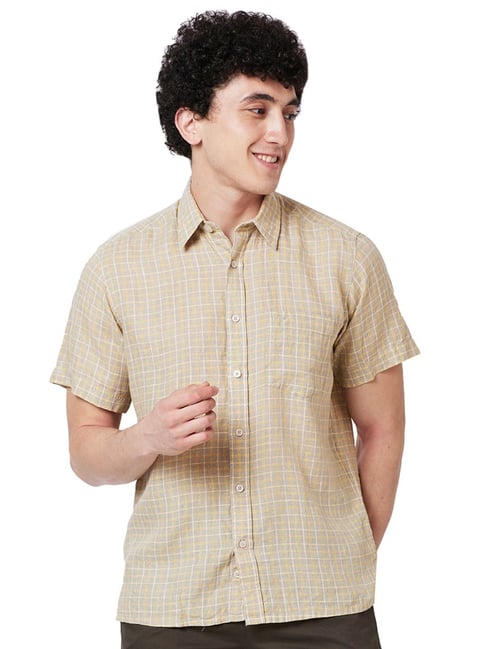 ColorPlus Beige Linen Classic Fit Checks Shirt