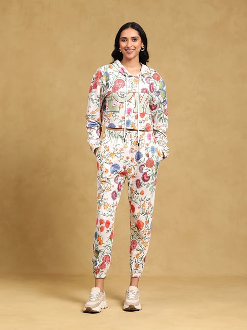 Label Ritu Kumar White Floral Hoodie With Joggers