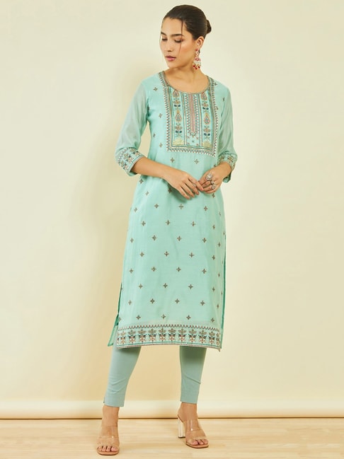 Buy Art Silk Zari Long Kurti With U-Neck And Three Quarter Sleeve Festive  Wear Online at Best Price | Cbazaar
