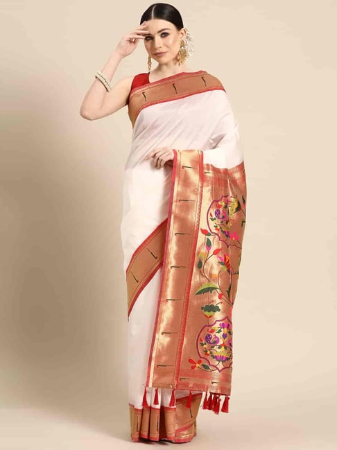 Buy Marabout Women White, Red Self Design Art Silk Assam Silk Saree Online  at Best Prices in India - JioMart.