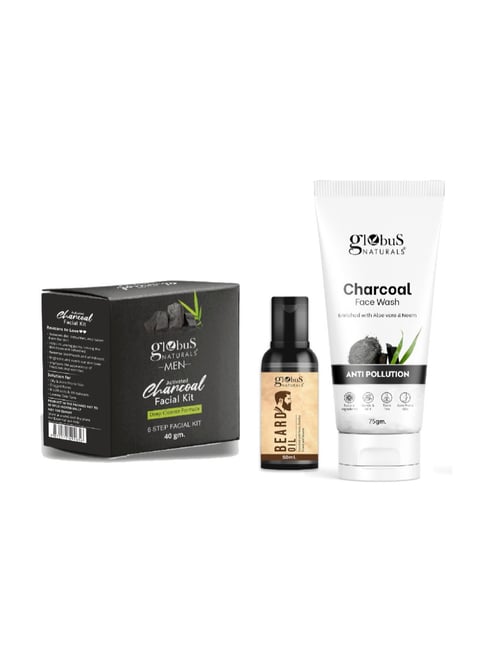 Globus Naturals Charcoal Face Wash, Activated Charcoal Facial Kit & Beard Oil for Men