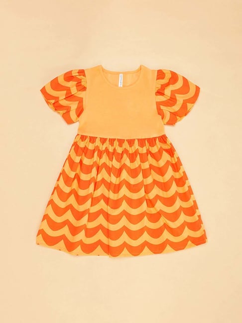 Pantaloons Junior Pastel Orange Cotton Printed Dress