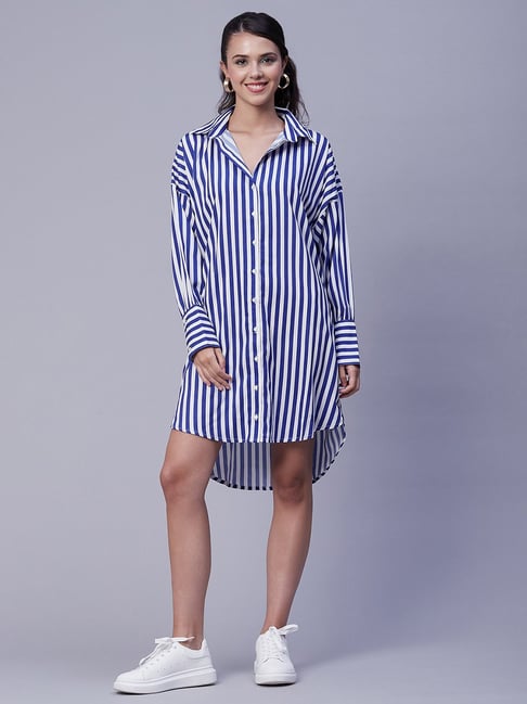 Moomaya Blue White Striped T-Shirt Dress
