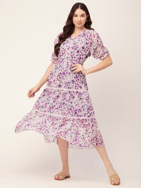 Buy Moomaya Light Purple Floral Print Midi Dress for Women Online @ Tata  CLiQ