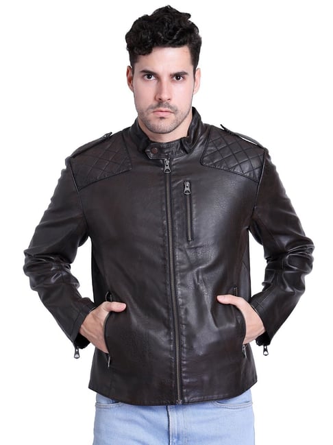 Dark Brown Faux Leather Biker Jacket