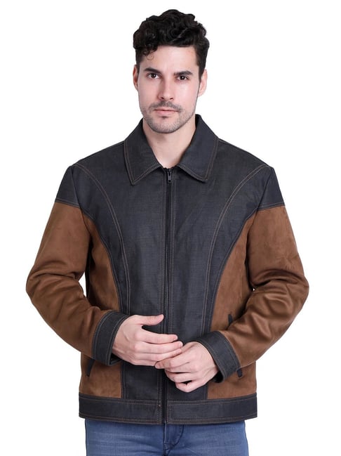 Justanned Dark Navy Regular Fit Denim Combo Leather Jacket
