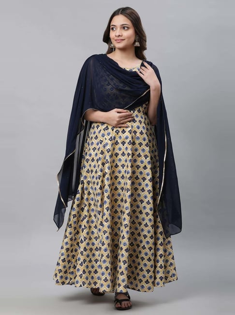 Blue & White Floral Print Ethnic Maxi Dress with Attached Dupatta
