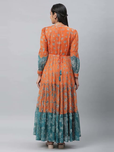 Western Wear Raabta Pom Pom Long Dress Long Sleeve Blue And Orange Maxi  Dress Aurelia Orange