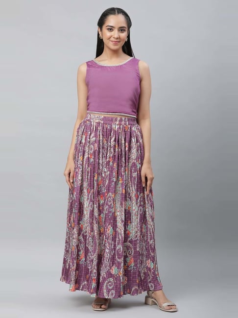 Aurelia Purple Solid Crop Top Skirt Set With Jacket