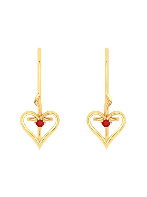 P.C. Chandra Jewellers 14k Gold Heart Shape And Red Stone Drop Earrings
