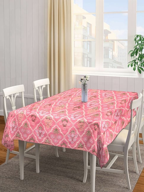 Buy Klotthe Floral Pink 130 GSM Cotton 6 Seater Table Cover at