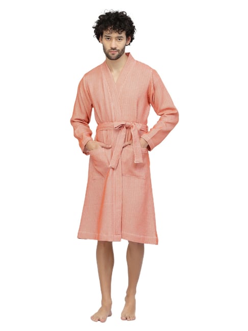 Klotthe Textured Orange 210 GSM Cotton Bath Robe with Belt
