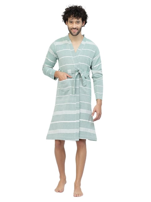 Klotthe Stripes Green & White 210 GSM Cotton Bath Robe with Belt