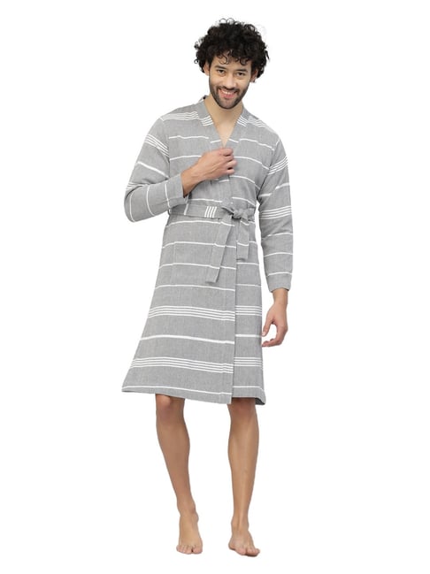 Klotthe Stripes Grey 210 GSM Cotton Bath Robe with Belt