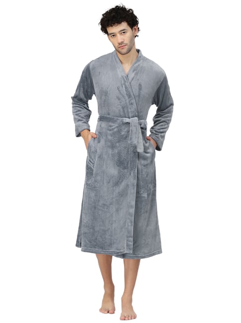 Klotthe Embellished Grey 210 GSM Cotton Bath Robe with Belt