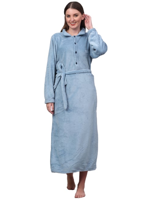 Klotthe Embellished Blue 210 GSM Cotton Bath Robe with Belt