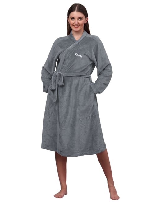 Klotthe Embellished Grey 210 GSM Cotton Bath Robe with Belt