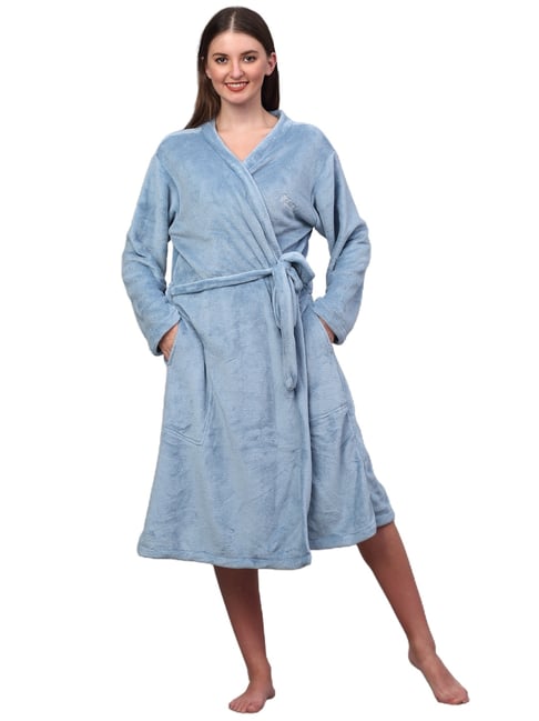 Klotthe Embellished Blue 210 GSM Cotton Bath Robe with Belt