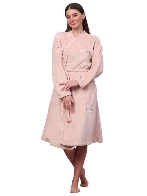 Klotthe Embellished Pink 210 GSM Cotton Bath Robe with Belt