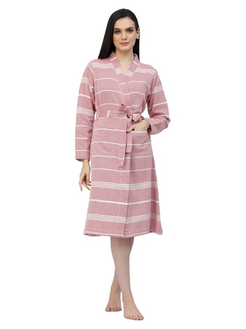 Klotthe Stripes Red 210 GSM Cotton Bath Robe with Belt