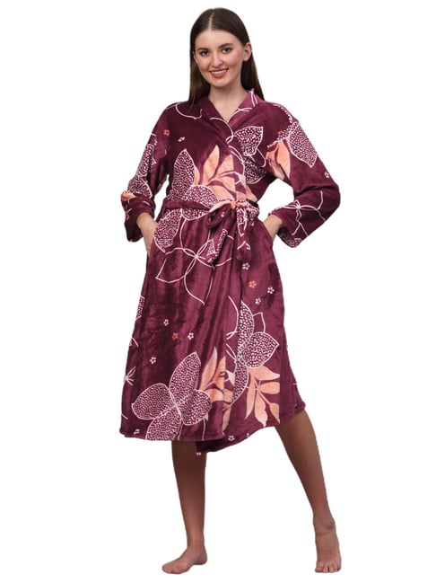 Klotthe Printed Maroon 210 GSM Cotton Bath Robe with Belt