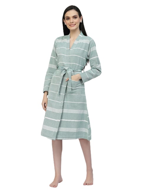 Klotthe Stripes Green 210 GSM Cotton Bath Robe with Belt