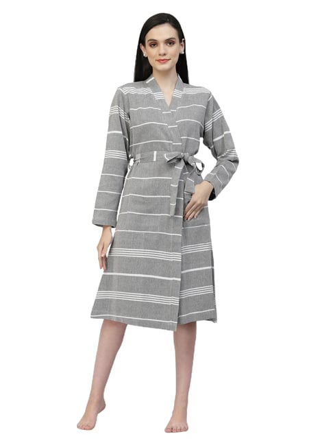 Klotthe Stripes Grey 210 GSM Cotton Bath Robe with Belt