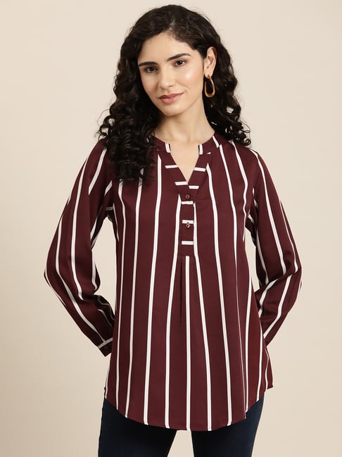 Qurvii Maroon & White Striped Shirt-image-41