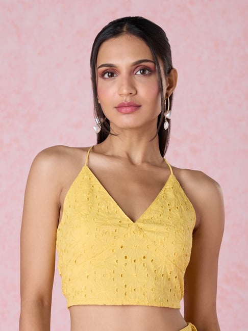 Buy Twenty Dresses Yellow Self Design Crop Top for Women's Online