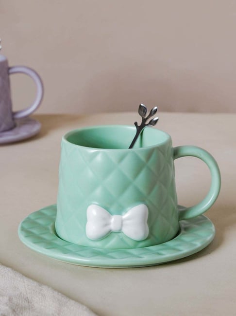 Nestasia Green Ceramic Mug with Cute Bow, With Plate Spoon Set of 1,  Textured Surface, 300ml