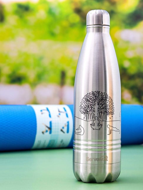 Servewell Indus Silver Stainless Steel Yoga Printed Vacuum Bottle (1 L)