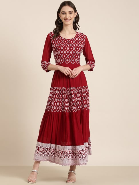 Buy SHOWOFF Maroon Cotton Embroidered Maxi Dress for Women Online