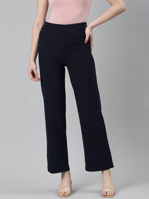 showoffff SHOWOFF Navy Cotton Straight Fit Mid Rise Trousers-picture-15