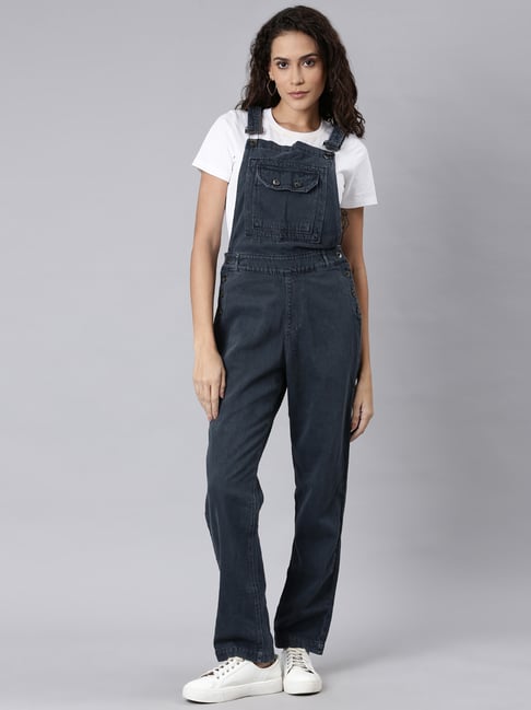 Buy Solid Maxi Denim Dungaree with Patch Pocket