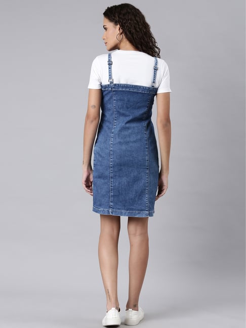 Denim dungaree dress knee on sale length