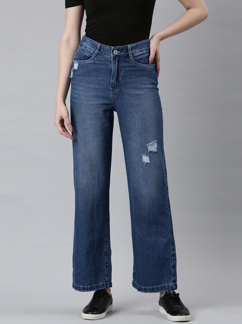 Dark Blue Low Rise Distressed Flared Jeans|141150501-Dark-Blue-Denim