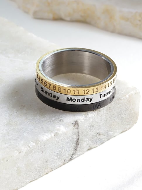 YouBella Silver-Plated Golden & Black Engraved Band Rings for Men