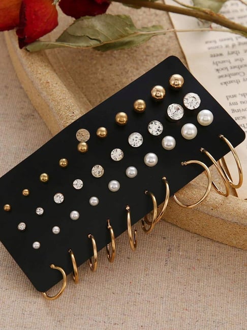 YouBella Mixed Metal Finish White Stud Earrings for Women - Set of 20-picture-33