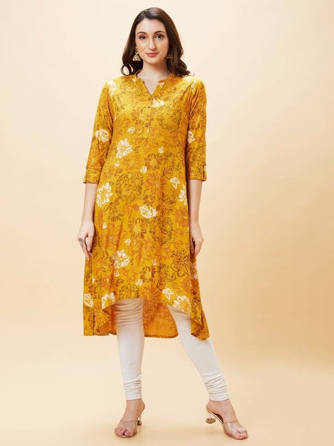 Globus Yellow Floral Print A Line Kurta