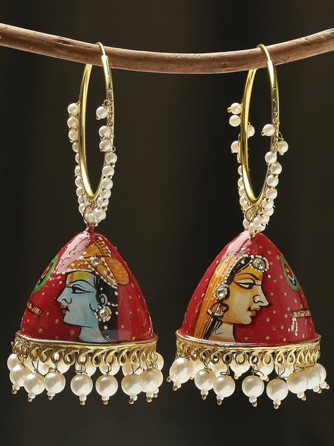 22K Gold 'Radhakrishna' Earrings For Women With Cz & Pearls - 235-GER15625  in 8.200 Grams